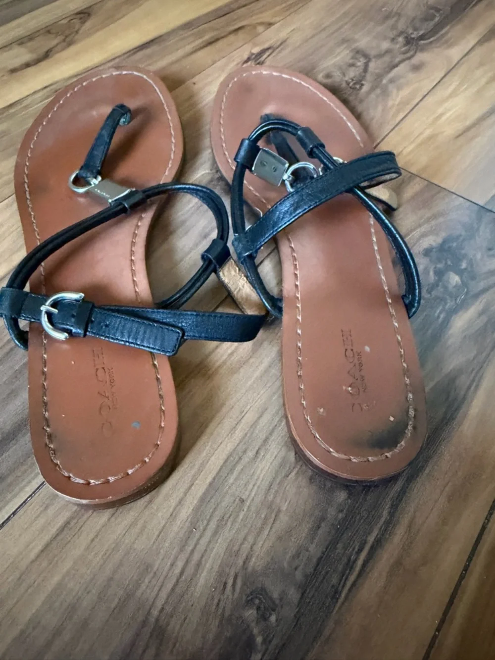 Coach Black T-Strap Brown Leather Flat